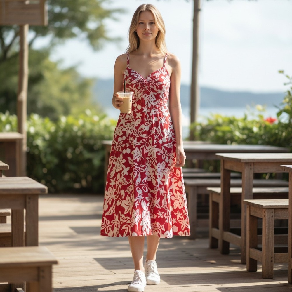 DENVER HAYES cami dress women medium red floral empire waist v-neck cotton modal